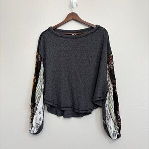 We The Free Charcoal Top with Floral Sleeves Size XS Women’s